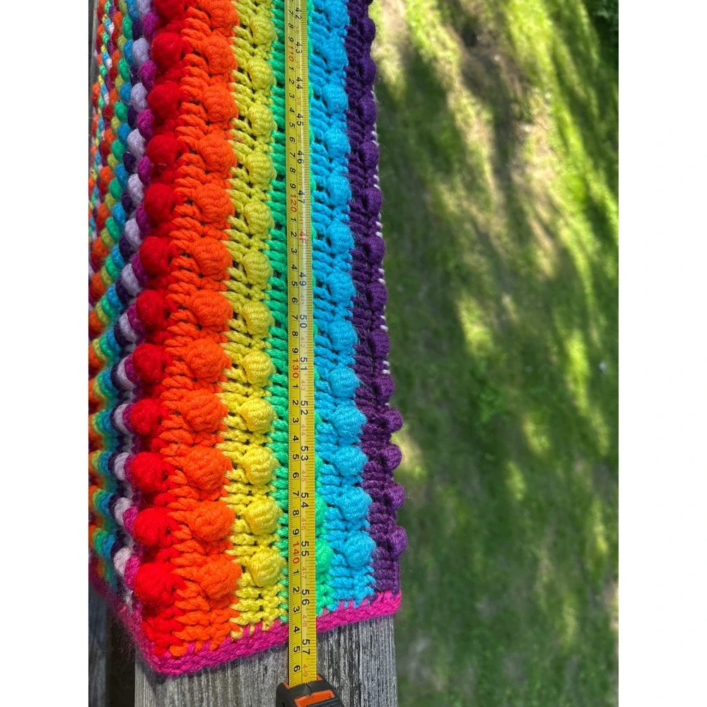 Handmade Crochet Rainbow Bobble Stitch Blanket Multi Color Striped Throw 57x44